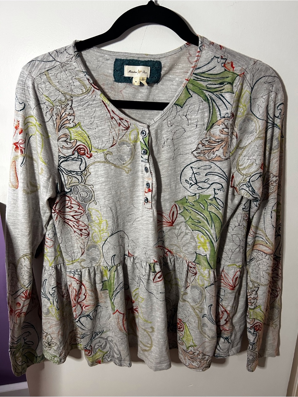 Anthropologie Heather Gray Floral Peplum Henley Top